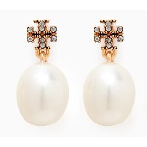 NEW Tory Burch Kira Pearl Drop Earrings 18K Gold Plated Logo Classic Dangling